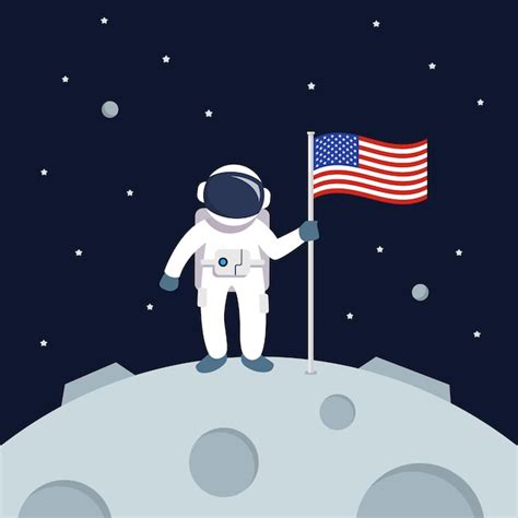 Astronauta Pousando Na Lua Segurando A Bandeira Americana Estrela E