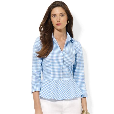 Lauren By Ralph Lauren Blue Gingham Peplum Shirt Clothes Top Shirt