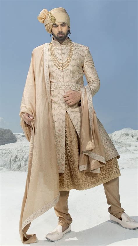 Brown Plain Silk Embroidered Groom Anarkali Kurta With Sherwani