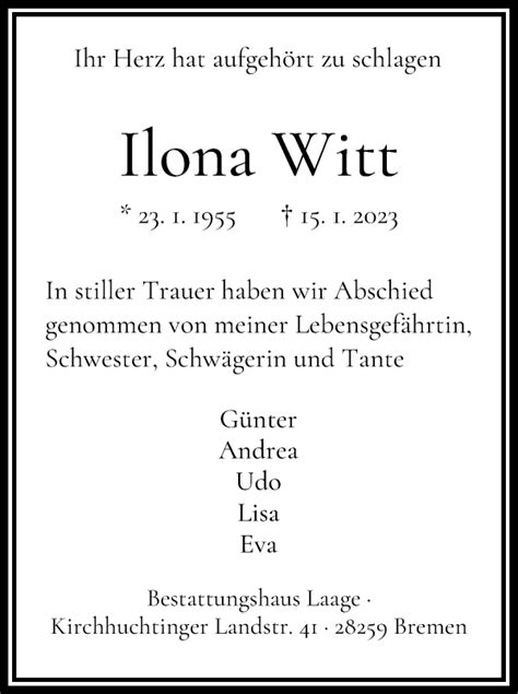 Traueranzeigen Von Ilona Witt Trauer Gedenken