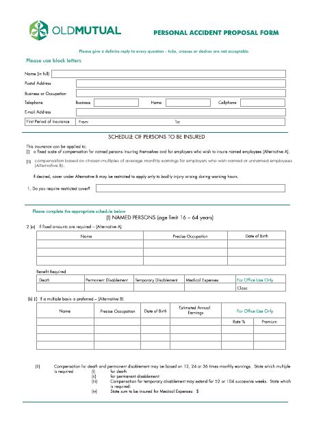 Personal Accident Proposal Form Old Mutual Fill Out Sign Online