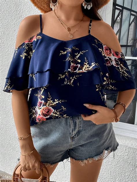 Shein Vcay Plus Floral Print Cold Shoulder Ruffle Trim Blouse Shein Usa