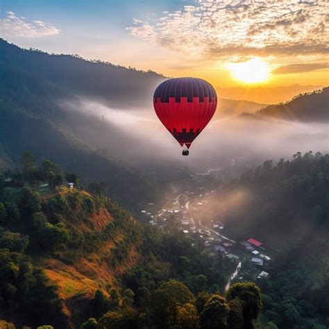 Premium Ai Image Colorful Hot Air Balloons Flying Over Mountains