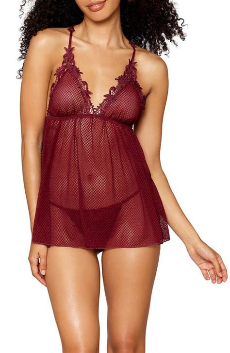 DREAMGIRL Lace Trim Mesh Babydoll Chemise G String Thong Burgundy