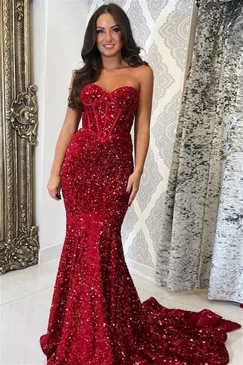 Red Sequin Corset Top Mermaid Long Prom Gown Dreamdressy