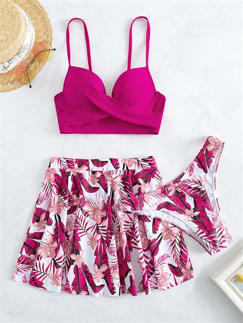 Shein Swim Vcay Pack Tropical Print Push Up Bikini Swimsuit Beach