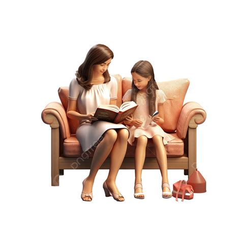 3d Render Mother And Daughter Reading Book Together Illustration 3d