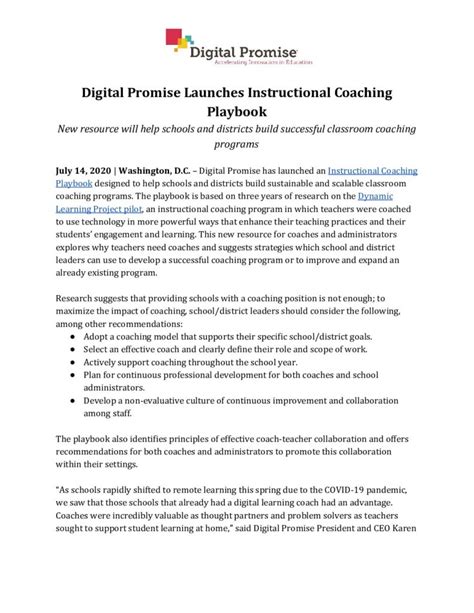 Instructional Coaching Playbook Press Release Digital Promise