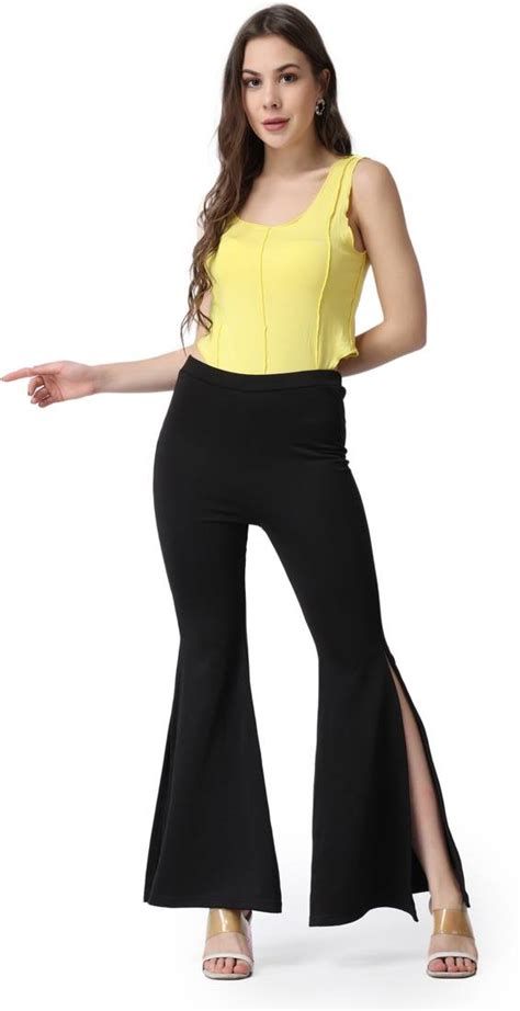 Popwings Casual Solid Black Side Slit Highrise Flare Women Trouser