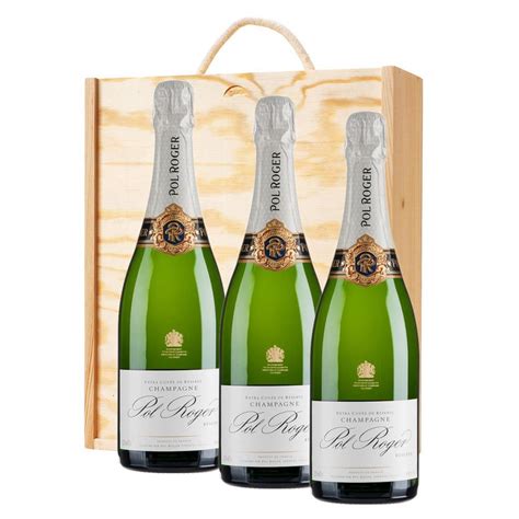 3 X Pol Roger Brut Reserve Champagne 75cl In A Pine Wooden Gift Box