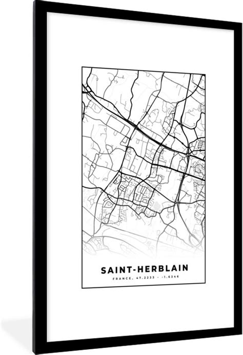 Fotolijst Incl Poster Zwart Wit Kaart Plattegrond Saint Herblain