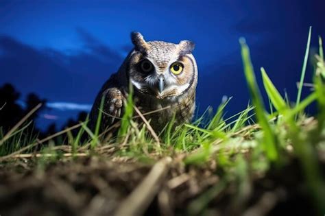 Premium AI Image | Nocturnal owl hunting in vast open field in dark