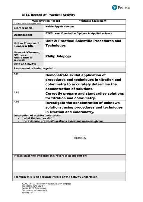 Unit 2 Assignment Applied Science Level 3 Btec Record Of Practical Activity Observation