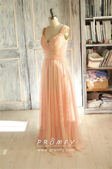 Peach Tulle Wide Strap A Line Long Bridesmaid Dress Promfy