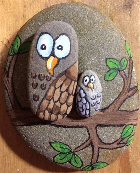 Stone Owls On Tree Acrylic Stone Painting Painted Rocks Clay Crafts