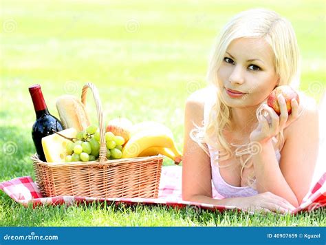 Picnic Blonde Young Woman With Basket Of Food Stock Image Image Of