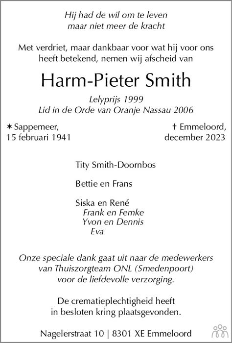 Harm Pieter Smith Overlijdensbericht En Condoleances