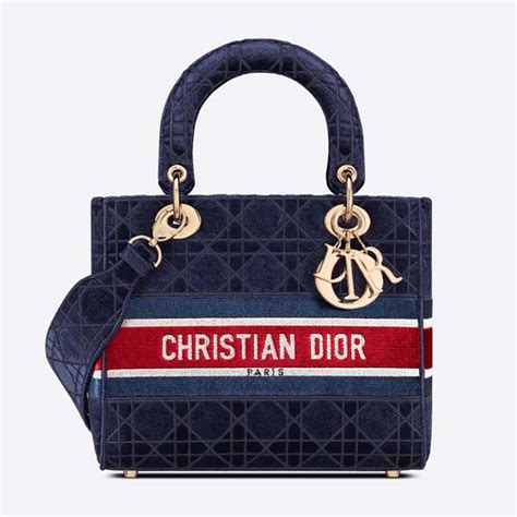 Dior Women Medium Lady D Lite Bag Blue Velvet Cannage Embroidery