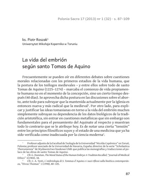 La Vida Del Embri N Seg N Santo Tomas De Aquino