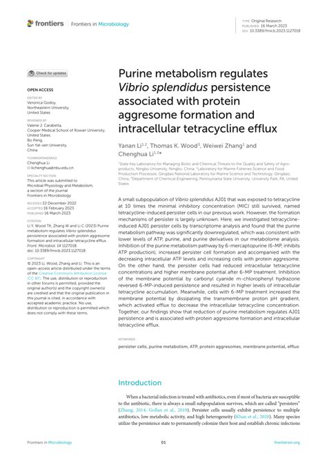 Pdf Purine Metabolism Regulates Vibrio Splendidus Persistence Associated With Protein