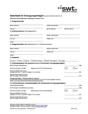 Ausfüllbar Online swtue Formular Datenblatt fr Erzeugungsanlagen