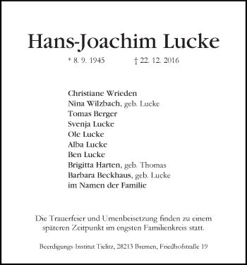 Traueranzeigen Von Hans Joachim Lucke Trauer Gedenken