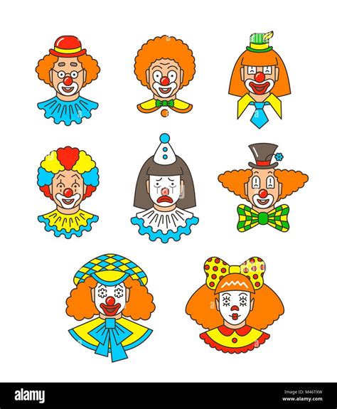 Clown Faces Different Thin Line Avatars Colorful Vector Flat Linear