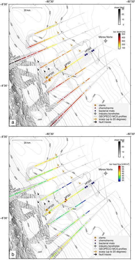 (a) Local slope gradient map and BSR depths. (b) Local slope gradient ...