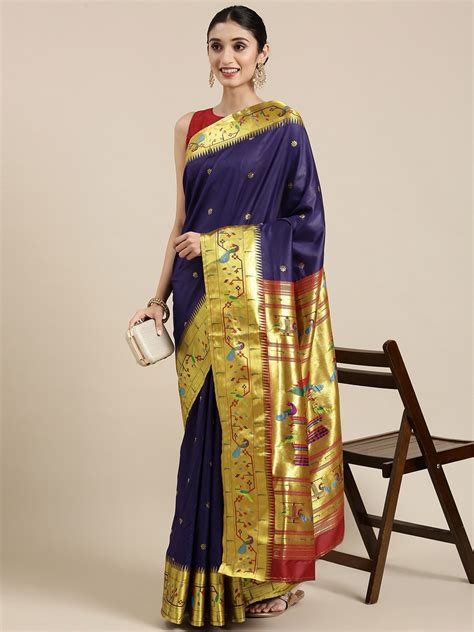 Buy Varkala Silk Sarees Navy Blue And Gold Ethnic Motifs Zari Art Silk Paithani Saree Sarees For