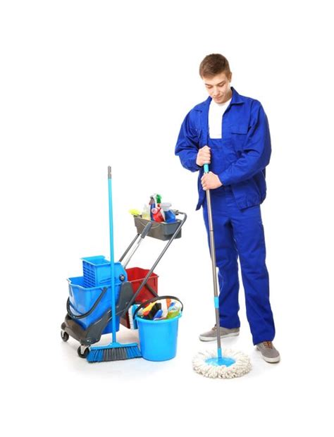 Premium Photo Young Service Man With Cleaning Equipment And Mop On