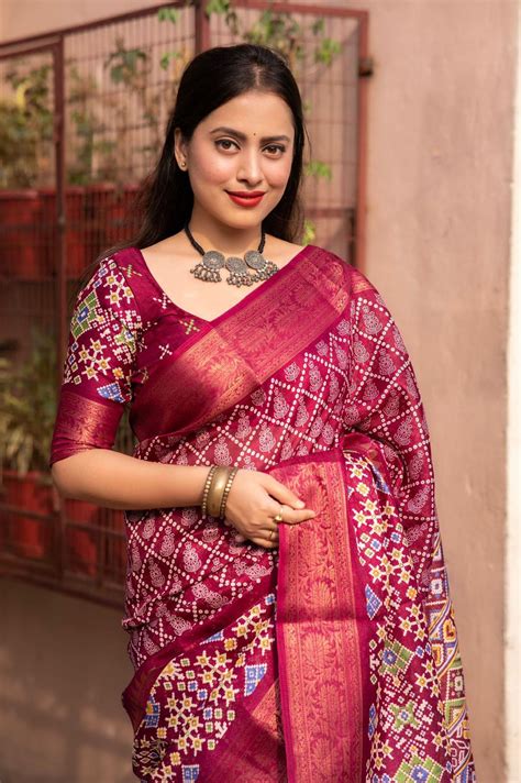 Buy Online Jute Silk Patola Printed Saree Pink AF2107