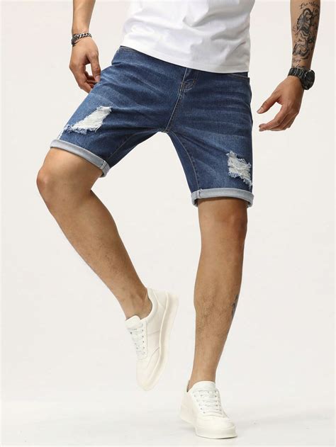 Manfinity LEGND Hombres Shorts mezclilla bermuda algodón desgarro crudo