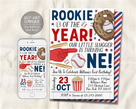 Baseball First Birthday Invitation Editable Template Boy Rookie Of The