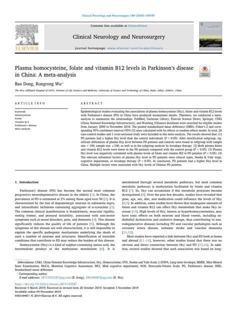 Plasma Homocysteine Folate And Vitamin B12 Levels In Parkinsons