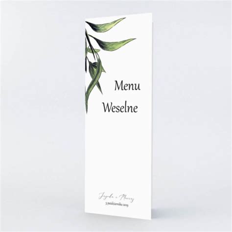 Menu weselne z delikatnymi zielonymi i złotymi listkami Green Peace