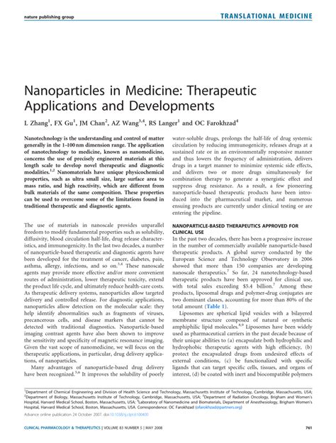 (PDF) Nanoparticles in Medicine: Therapeutic Applications and Developments