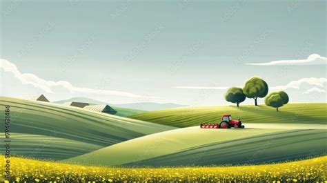 Procreate vector art style poster agriculture farming field red tractor minimalism village ...