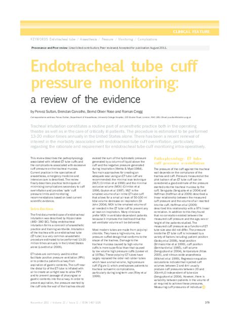 (PDF) Endotracheal tube cuff pressure monitoring: a review of the evidence | Brendan Carvalho ...