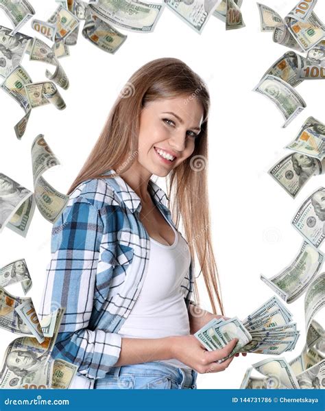 Portrait Of Happy Young Woman With Money Stock Photo Image Of Female