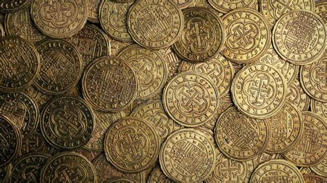 Medieval Gold Coins Pile Rotating Overhead Shot Stock Footage Video