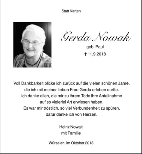 Traueranzeigen Von Gerda Nowak Aachen Gedenkt