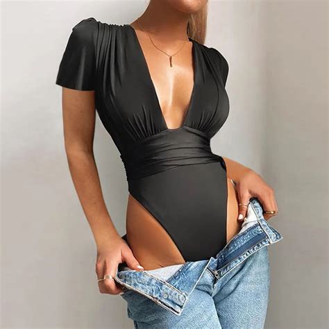 Ver O Bodysuits Sexy Decote Em V Profundo Plissado Cintura