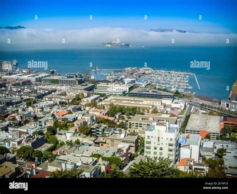 View Over San Francisco With Fishermans Wharf And Alcatraz Island Stock