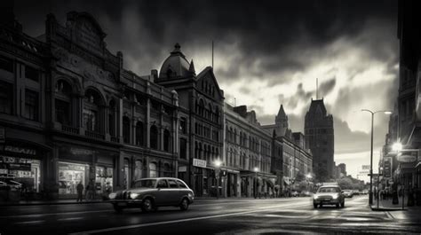 Premium AI Image | a black and white photo of a street scene with a car ...