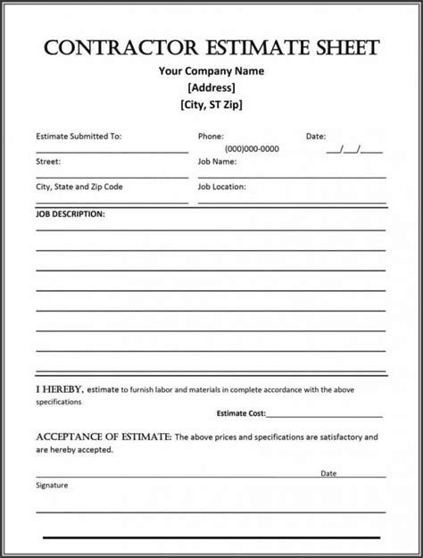 Construction Estimate Form Template Business