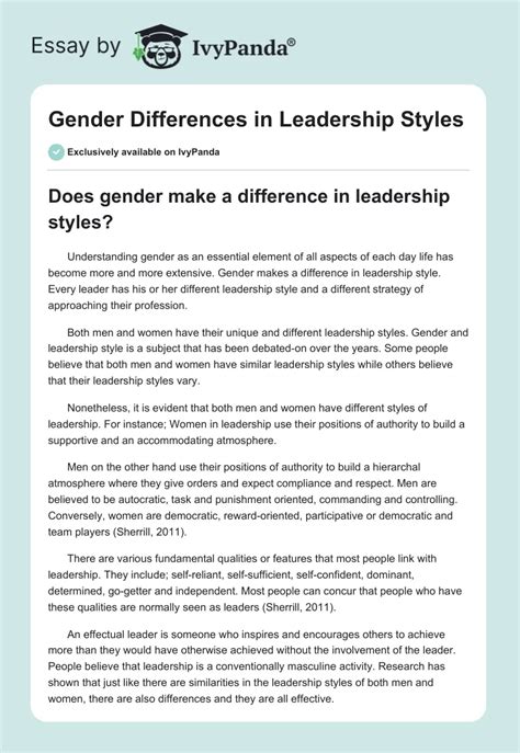 Gender Differences In Leadership Styles 906 Words Essay Example