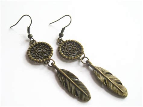 Dreamcatcher Feather Earrings BRONZE Personalized Earrings - Etsy