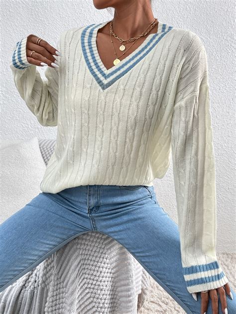 Contrast Binding Cable Knit Sweater For Sale Australia New Collection