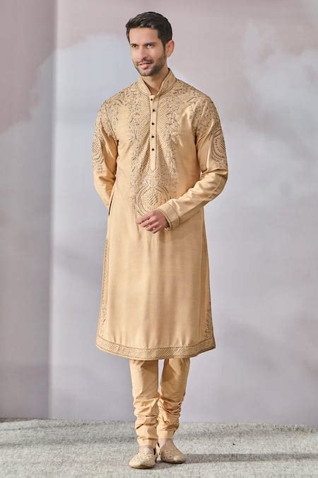 Buy Gold Tussar Viscose Slub Embroidered Zari Zardozi Kurta Set For Men