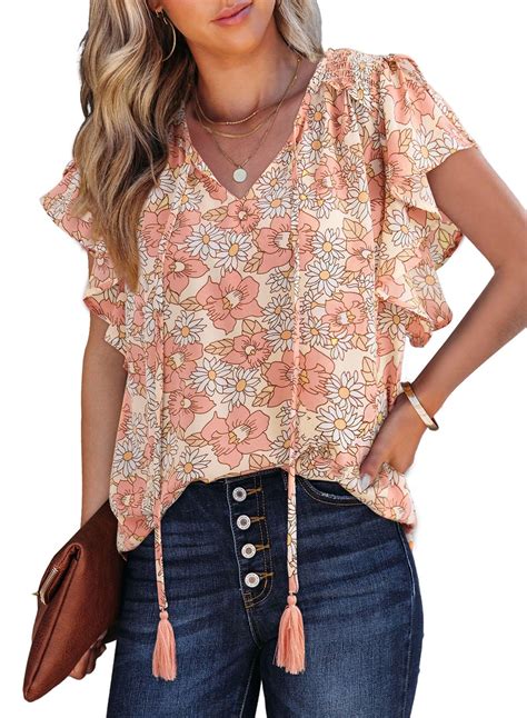 EVALESS Smocked Tops For Women Trendy Casual Boho V Neck Ruffle Short